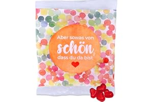 ‎FLAMINGO ON THE BEACH Fruchtgummi Herzen 5er Pack à 50 g – Aber sowas von schön, dass du da bist – leckere Trolli Gummiherzen-Tüten mit 10% Fruchtsaft – perfektes Dankeschön, Gastgeschenk oder Mitgebsel für jeden Anlass