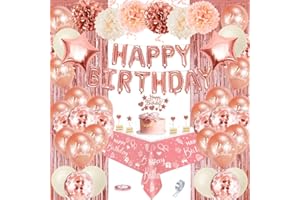 Décoration Anniversaire Femmes Or Rose,Beige Rose Gold Ballons avec Happy Birthday Bannière Nappe Rideau Pompom Foil Confettis Ballons,Decoration Anniversaire Fête pour Fille