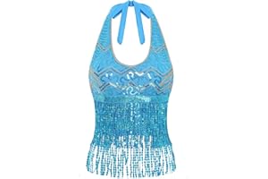 Agoky Damen Pailletten Top Neckholder Shirt Bauchtanz Oberteile mit Glitzer Fransen Sport Crop Tops Tanz Gogo Outfits Motto Party Clubwear