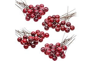 BBTO Bacche artificiali di agrifoglio, 100 pezzi mini 10 mm bacche finte decorazione su filo per decorazioni albero di Natale, corona di fiori fai da te uso artigianale (rosso vino)