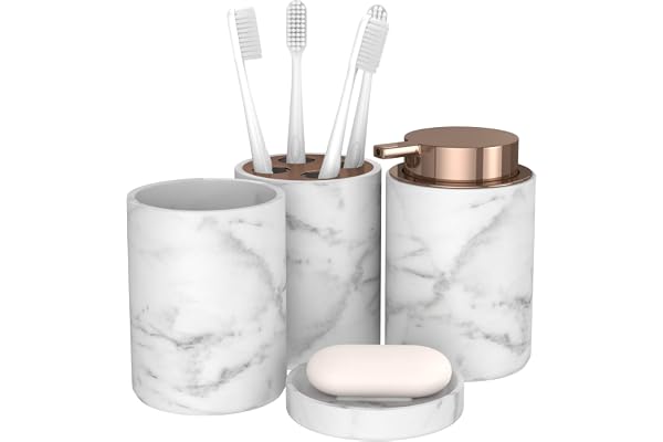 bonVIVO Set med badrumstillbehör, 4 delar, vit marmor, lyxigt marmora badrumsset med tvålfat, pumpdispenser, mugg och tandborsthållare