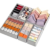 Confezione da 6 divisori per cassetti, per calzini, biancheria intima, pieghevoli, in tessuto, 58 scomparti, organizer per armadio, per vestiti, reggiseni, mutandine, sciarpe, cravatte (grigio