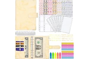 Carpeta de Presupuesto A6, MARICATO 29Piezas Carpeta de Cuaderno 6 Anillas de PU,con Bolsas de Transparente con Cremallera,Hojas de Presupuesto,Pegatinas,Indice de Clasificación,Regla-Amarillo Mármoll