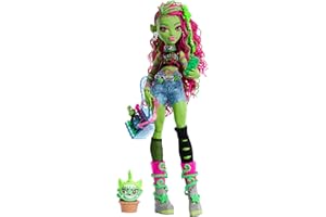 Monster High Venus McFlytrap-Puppe mit Pflanzenmonstertier Katze Chewlian und Zubehör wie Rucksack, Notizbuch, Snacks und mehr, HRP81