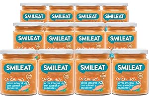 SMILEAT EAT & SMILE Smileat - Tarrito Ecológico CA-CHI-TOS de Arroz Integral, Salmón y Guisantes, con Trocitos e Ingredientes Naturales, para Bebés desde 10 Meses, Sano y Saludable, Sin Gluten - Pack de 12 x 230g = 2760g
