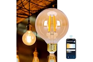Aigostar Ampoule Connectee Alexa Vintage à Filament. E27 G95 6W Smart Bulb, 806LM, Blanc chaud Dimmable 2700K -6500K. Compatible Alexa et Google Home. Aucun HUB requis, WiFi 2,4 GHz, 1 Unité