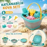 Katlanabilir Kova Seti 6 Par&ccedil;a Plaj Oyuncak Seti | K&uuml;rek ve Tırmık Dahil, 3 Adet Kalıp