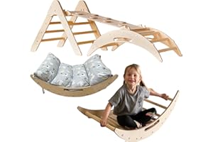 WoodsCraft - Handmade Montessori Kletterset 5in1: Kletterdreieck, Kletterbogen mit Kissen & 2in1: Rutsche Indoor/Klettern Rampe | Holz Klettergerüst Indoor Spielgeräte & Spielplatz