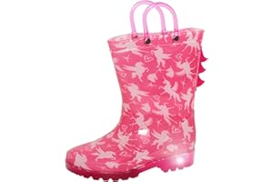 ScruffyTed Kids Light Up Wellingtons For Girls Boots Pink Dino Wellies or Unicorn with Handles and Flashing Lights 3D Rain Shoes