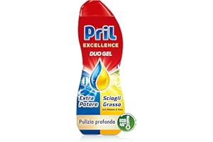 Pril Excellence Duo Gel, Detersivo lavastoviglie Gel, azione sciogligrasso, con limone, Formato singolo da 45 Lavaggi