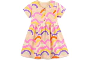 LANGUBABY Mädchen Kleider Baumwolle Blumen Knöpfe Streifen Kurzarm T-Shirt Casual Frühling Sommer Kleid für Kinder Größe 92-122, 1-7 Jahre