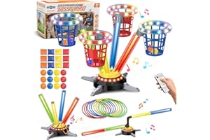 TERRAMUS 3 in 1 Bean Bag Ring Toss Game for Kids, Rechargeable Musical Jumping Games w/LED Light & Remote, Electric Spinning Base, Sandbags, Rings, Carnival Indoor Outdoor Sport Toy for 3+ Boys Girls