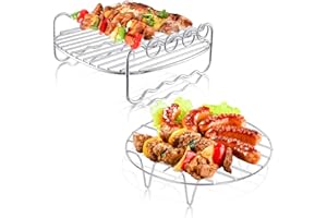 AKOFIC 2 Stück Heißluftfritteuse Zubehör, Grillrost und Dämpfen Rack, Air Fryer Double Layer Rack Mehrzweck-Luftfritteuse Zubehör mit 4 Spießen, 17,7cm Edelstahl Airfryer Grillpfanne, Fit 3,5-5,8QT