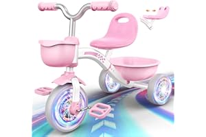 HappyGoLucky Pink Tricycles Toys for 2-5 Year Old Girls Gifts, Balance Bike 2 3 4+ 5 Year Old with 3 Colorful Lighting Wheels & Adjustable Seat, Baby Toddler Kids Cycle Trikes Bike Girls Toys Age 2-5