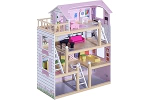 HOMCOM Casa de Muñecas de Madera con Muebles de 4 Niveles Altura 80,5 cm con 13 Accesorios Casita de Muñecas para Niñas Jueguete para Niños 60,5x30x80,5 cm Rosa
