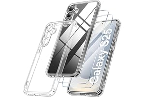 Qasyfanc Handyhülle Kompatibel mit Samsung Galaxy S25 Hülle mit Kameraschutz und 2 Stück Schutzfolie, Hard PC Nie Vergilbung Case Transparent Militärschutz Fallschutz Schutzhülle, Klar