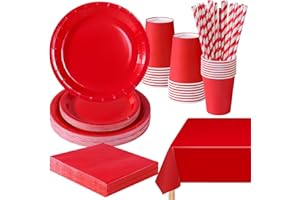 PYAILI Stoviglie per Feste 121 Pezzi Rosso Festa della Addobbi Ragazza di Compleanno dei Dambini Articoli per Feste Set Include Piatto Carta Party Tazze Tovaglioli -24 Ospiti