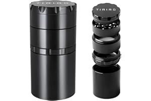 TIRIRS 2 Zoll 5 Stück Kräutermühle mit großem Stauraum - Aluminium Große Gewürzmühle mit Pollenschaber und Reinigungsbürste, Magnetoberfläche, Gummidichteter O-Ring, Schwarz