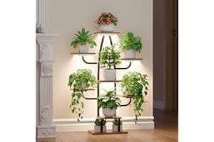 BACEKOLL Pflanzenständer mit Wachstumslicht - 8 Ebenen Blumenständer 110cm Metall Holz Pflanzenregal - Innen & Außen Blumentreppe - Dekoratives Schwarz Blumenregal für Indoor Garten Balkon