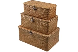 ESOES Cesta de almacenamiento de mimbre tejida de ratán con tapas, cestas de lavandería de junco marino, organizador de maquillaje para baño, sala de estar, cocina (S + M + L)