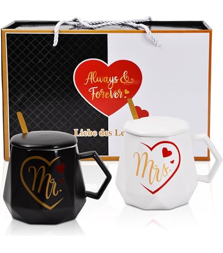 Juego De Tazas De Café Mármol Mr & Mrs 400ml - Regalo Romántico San Valentín, Bodas Y Parejas
