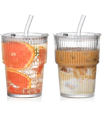 Produktbild von Wythex 2er Set Trinkbecher 400 Ml Mit Deckel & Strohhalm – Auslaufsicher, Aus Glas, Für Smoothies, Kaffee & Co.