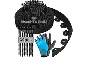 HENGRONGSHEN Bordure de Jardin Flexible 5m, Bordure Jardin Exterieur Hauteur 10cm, Bordure Jardin Plastique, Bordurette de Jardin, Garden Edging, Bordure de Tonte, avec Gants et 30 Ongles - Noir