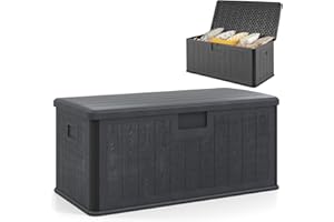 COSTWAY 380L Garden Storage Box, Waterproof Resin Deck Box Bench with Lockable Lid & Side Handles, Wood Texture Outdoor Patio Storage Container for Cushion Tool Toy (Grey)