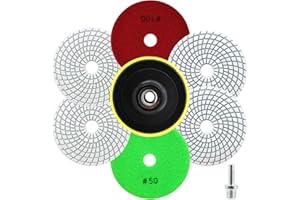 QUEFORET Diamant Polierpads Set 8 Stücke - 6 Stücke 100mm Nass Polierscheiben (Körnung 50 x 3, Körnung 100 x 3), 1 Stück Polierteller, 1 Stück Adapter für Granit Marmor Quarz Kunststein