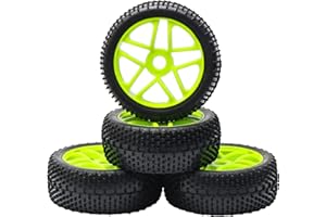 SWHSTORE Green RC 1:8 Off-Road Racing Car Rubber Tyre 5 Spoke Tires & Plactic Wheel Rim for HSP Buggy Car Pack of 4