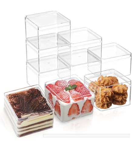 Plastic Rectangle Dessert Cups Boxes With Lids And Sporks,packaging For Baked,Cookie Tiramisu Containers For Fruit,Pudding,Mousse,Parfait Cups With Lids(20, Rect 4.6*2.4*2 IN-Boxes Sporks Stickers