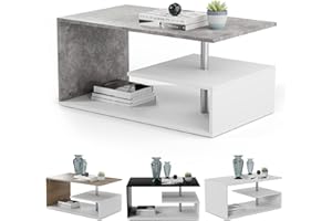 ‎MIADOMODO MIADOMODO® Couchtisch - 90x50 cm, mit Stauraum, Modern, Eckig, Asymmetrisch, Leicht, Lang, Niedrig, Weiß mit Betonoptik/Eichenoptik/Grau - Wohnzimmertisch, Sofatisch, Kaffeetisch (Weiß-Betonimitat)