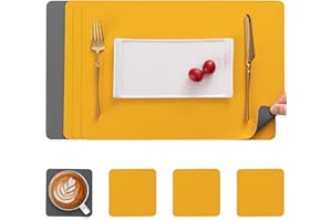 Myir JUN Tovagliette in Pelle e Sottobicchieri Set, Bifacciale Antiscivolo Impermeabile Tovaglietta Plastica Lavabili Tovaglietta Tovagliette Americana (Grigio Giallo, Set di 4)