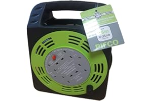 PIFCO Daewoo Extension Reel, 4 Way Socket with 15 Metre Cable, Heavy Duty with Resettable Safety Cut Out, Handbag Reel, Black and Green