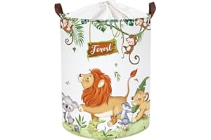 Clastyle 45L Cesto Ropa Sucia Infantil Animales del Bosque Cestos Almacenaje Oso Ciervo Plegable con Cierre Cordón, 36 * 45 cm (León del bosque)