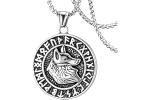 DXIUORF Norse Viking Pendant Necklace for Men/Women, Stainless Steel Nordic Vikings Howling Wolf on Crescent Moon/Wolf Pendant Jewelry with Gift Packaging