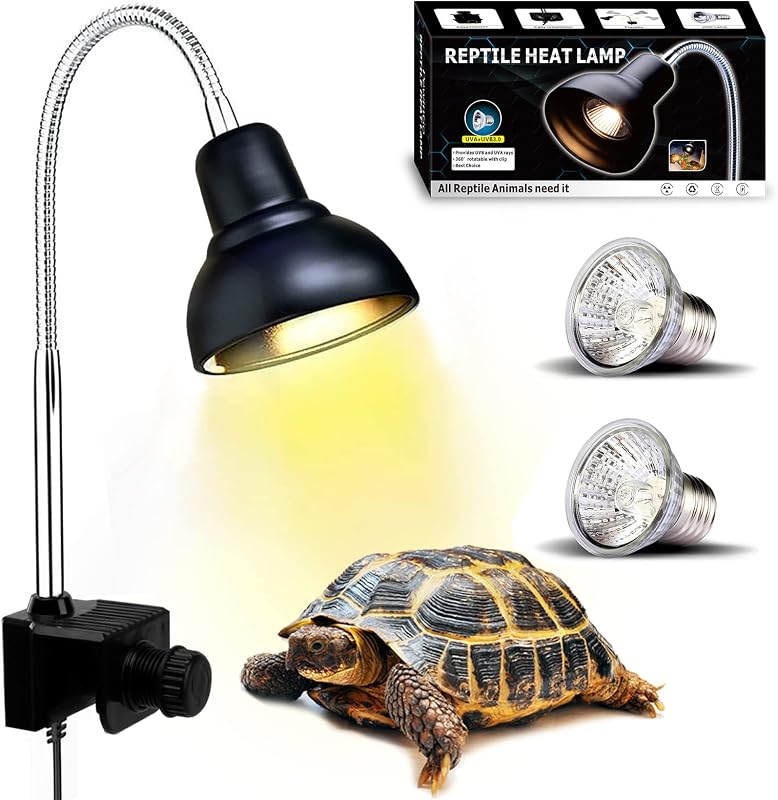 PewinGo Tortoise Heat Lamp, Heat Spot Lamp for Aquarium Reptile with 2 UVA UVB Basking Spot Bulbs and 360° Swivel Clamp for Tortoise, Snake, Lizard, etc., Orange Light