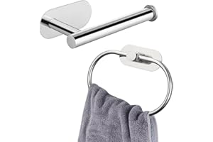 Soporte de Papel Higiénico/Anillo de Toalla Autoadhesivo, Eolax sin perforación Baño Cromo Accesorios de Hardware, Soporte de Papel y Toalla Adhesivo Acero Inoxidable, Montado en la Pared, 2 Piezas