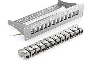 deleyCON 12 Portów Zestaw Paneli Patch Pole Łatki Modułowy 1 HE 10" Calowy Montaż w Szafie + 12x RJ45 Keystone Moduły CAT6a Kompatybilny z CAT5 CAT6 CAT7 LAN Kabel Sieciowy Kable do Układania Szary