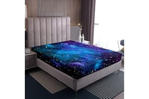 HOMEWISH Galaxy Serie Sábana bajera ajustable azul púrpura cielo estrellado decoración estampada juegos de ropa de cama para mujeres, adolescentes, niños, universo, tema espacial, diseño de galaxia, 90x200 cm