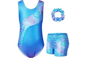 JiAmy Gymnastics Leotards for Girls, 3Pcs Sleeveless Athletic Outfit Sparkly Dance Unitards with Shorts Ballet Biketards 3-12 Years