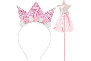 DRESHOW Diadema de Cumpleaños y Varitas de estrella Corona de Cumpleaños para Niñas con Flores Rosas Corona de Cumpleaños Rosa