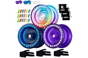 SHUNGRU K1 Crystal Yoyos Pack, Responsive Kids Yoyos for Beginners with Finger Spin Tricks + 3 Bags + 18 Strings + 3 Gloves - Blue, Purple, Blue Pink Yellow