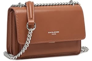 David Jones - Pequeño Bolso Bandolera Cadena Mujer - Bolsos de Hombro Cruzado Cuero PU - Mensajero Crossbody Bag - Bolso Mano Zip Embrague Clutch Pochette Noche Telefono - Marrón Cognac