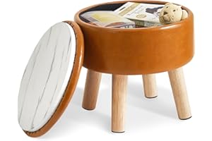 IBUYKE 13” Piccolo Poggiapiedi Ottomano con Contenitore, Pouf Poggiapiedi Rotondo con Sedile Imbottito e Coperchio, Poggiapiedi Mini in Pelle PU per Ingresso Divano Soggiorno, Giallo- Marrone WBD023J