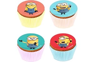Kardasis Minions Cialda per Muffin in Pasta di Zucchero | Ostia Decorativa Commestibile per Torta e Cupcake | Divertenti Decorazioni per Compleanno | 5,3cm + 12 Pezzi