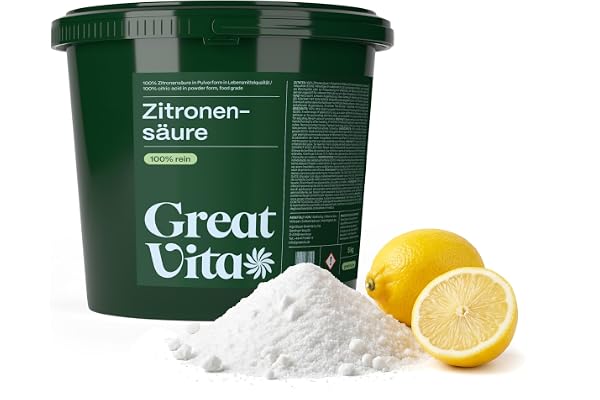GreatVita Acide citrique monohydrate en poudre 5 kg, qualité alimentaire, acide citrique pur E330, sans OGM, acidifiant idéal pour le détartrage, le nettoyage, la pâtisserie, la cuisine
