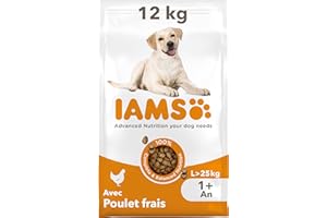 IAMS Vitality - Croquettes pour Chiens Adultes Grande Race - Favorise Santé et Vitalité - Faible en Graisses - Au Poulet Frais - sans : OGM, Colorant, Arôme Artificiel, Blé - Multicolore - 12 kg