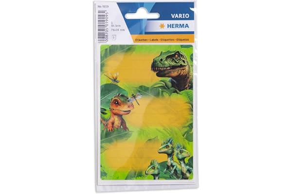 HERMA Dino World Lot de 9 étiquettes autocollantes lignées pour livre d'école, enfants, filles, garçons, multicolores, 76 x 35 mm