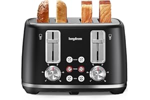 LONGDEEM Toaster 4 Slice, Extra Wide Slots Stainless Steel with High Lift Lever, Dual Independent Controls, Removable Crumb Tray, Easy to Clean, 6 Shade Settings, Reheat & Defrost, Black
